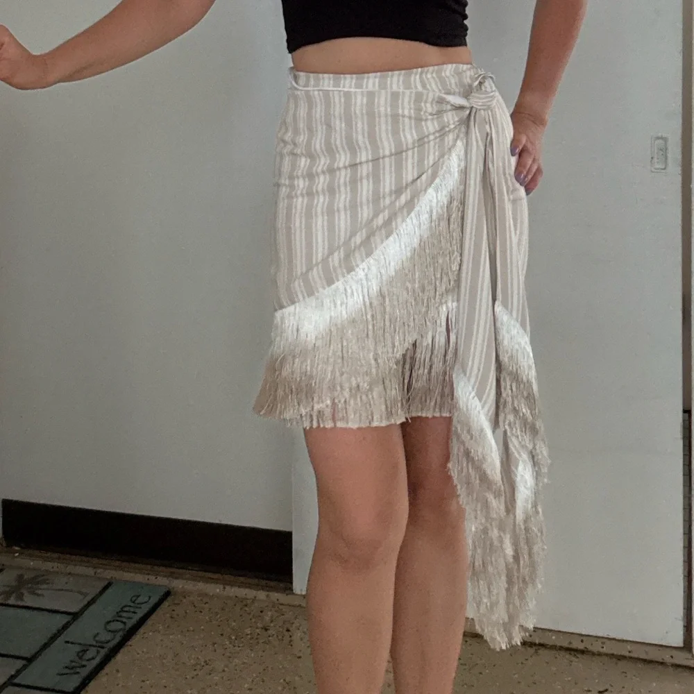 L'Academie Beige Asymmetrical Fringe Skirt - Picture 9 of 10